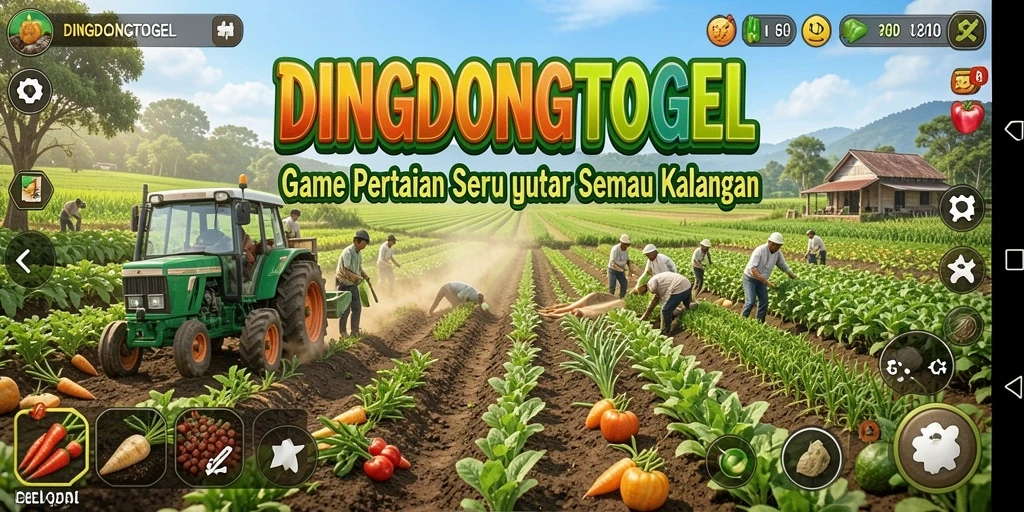 Gameplay DINGDONGTOGEL yang menampilkan aktivitas bertani dengan warna cerah.