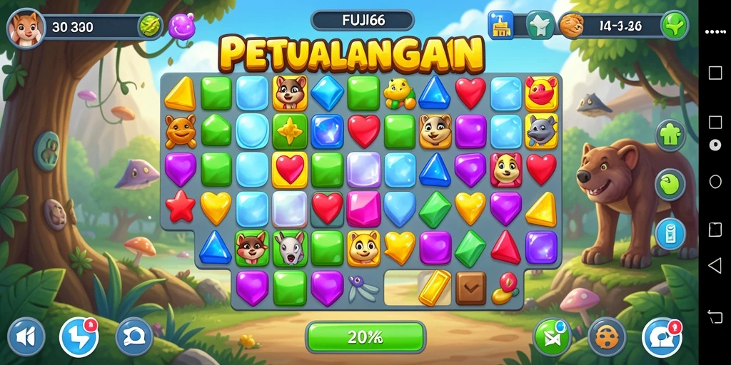 Gameplay seru dengan elemen match-3 yang berwarna-warni.