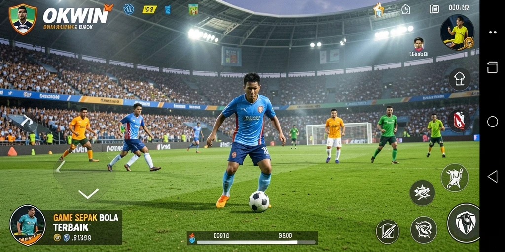 Screenshot utama OKWIN menampilkan aksi seru sepak bola.
