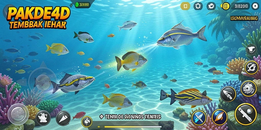 Screenshot utama menunjukkan aksi seru menembak ikan di dalam permainan.