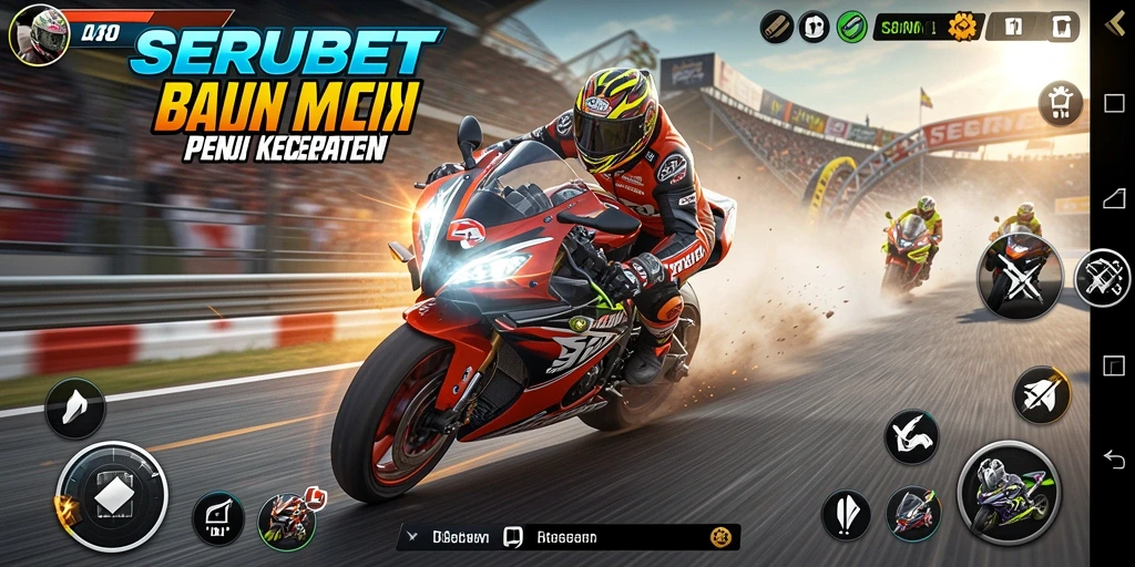 Gameplay SERUBET yang menampilkan balapan motor yang mendebarkan.